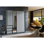 Dressing 168 cm lățime, o ușa glisanta cu oglindă centrală, 3 sertare, culoare gri matase, 198 cm înălțime, compartimentare practică pentru dormitor