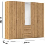 Dulap 251 cm lățime, 5 uși batante, oglinda centrala, 3 sertare, compartimentare premium, finisaj stejar, 223 cm înălțime - imagine 2