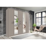 Dulap 225 cm lățime, 6 uși batante, oglindă centrală, 2 sertare, culoare gri sahara, 207 cm înălțime, compartimentare practică pentru dormitor