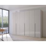 Dulap 301 cm lățime, 6 uși batante, culoare gri matase, fronturi sticla, 223 cm înălțime, compartimentare premium