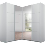 Dressing pe colț 181x187 cm, 4 uși glisante cu oglinda, compartimentare premium, culoare gri matase, 210 cm înălțime - imagine 2