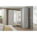 Dressing pe colț 181x187 cm, 4 uși glisante cu oglinda, compartimentare premium, culoare gri matase, 210 cm înălțime