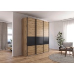 Dressing 203 cm lățime, 3 uși glisante, culoare stejar / gri antracit, 229 cm înălțime, compartimentare eficientă pentru dormitor