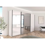 Dressing 315 cm lățime, 3 uși glisante, oglindă pe mijloc, culoare alb alpin / gri antracit, compartimentare premium, 229 cm înălțime
