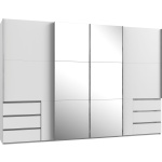 Dressing 350 cm lățime, 4 uși glisante, 6 sertare, culoare alb alpin, 236 cm înălțime, compartimentare practică pentru dormitor
