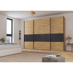 Dressing 315 cm lățime, 3 uși glisante, culoare stejar / gri antracit, 229 cm înălțime, compartimentare eficientă pentru dormitor