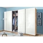 Dressing 350 cm lățime, 4 uși glisante, culoare alb alpin / stejar, 236 cm înălțime, compartimentare practică pentru dormitor