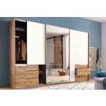 Dressing 300 cm lățime, 3 uși glisante, 6 sertare, finisaj stejar, 236 cm înălțime, compartimentare practică pentru dormitor