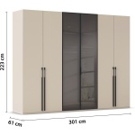 Dulap 301 cm lungime, 6 uși batante, sticlă pe mijloc, culoare champagne, fronturi sticla, 223 cm înălțime, compartimentare premium - imagine 2
