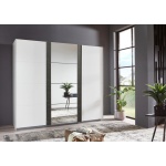 Dressing 270 cm lățime, 3 uși glisante, culoare alb / gri antracit, finisaj metalic, 210 cm înălțime, compartimentare premium