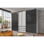 Dressing 300 cm lățime, 2 uși glisante, 3 sertare, 2 uși batante, gri antracit/alb, 216 cm înălțime, compartimentare practică pentru dormitor