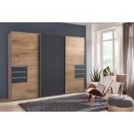 Dressing 270 cm lățime, 3 uși glisante, 6 sertare, culoare grafit / stejar, 208 cm înălțime, compartimentare practică pentru dormitor