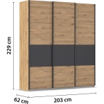 Dressing 203 cm lățime, 3 uși glisante, culoare stejar / gri antracit, 229 cm înălțime, compartimentare eficientă pentru dormitor - imagine 2