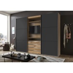 Dressing 300 cm lățime, 2 uși glisante, 4 sertare, spatiu pentru TV, gri antracit/stejar, 236 cm înălțime, compartimentare practică