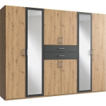 Dulap 270 cm lățime, 8 uși batante cu oglindă centrală, 2 sertare, culoare grafit/stejar, 207 cm înălțime, compartimentare practică pentru dormitor - imagine 3