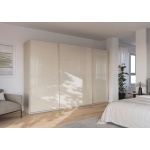 Dressing 315 cm lățime, 3 uși glisante, fronturi sticlă, culoare champagne, 229 cm înălțime