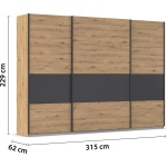 Dressing 315 cm lățime, 3 uși glisante, culoare stejar / gri antracit, 229 cm înălțime, compartimentare eficientă pentru dormitor - imagine 4