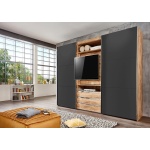 Dressing 300 cm lățime, 2 uși glisante, 3 sertare, spatiu pentru TV, gri antracit/stejar, 216 cm înălțime, compartimentare practică
