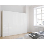 Dulap 301 cm lățime, 6 uși batante, culoare alb alpin, fronturi sticla, 223 cm înălțime, compartimentare premium