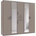 Dulap 225 cm lățime, 6 uși batante, oglindă centrală, 2 sertare, culoare gri sahara, 207 cm înălțime, compartimentare practică pentru dormitor - imagine 5