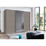 Dressing 270 cm lungime, 3 uși glisante cu oglindă, culoare gri sahara, compartimentare premium, 210 cm înălțime