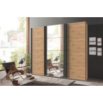 Dressing 225 cm lungime, 3 uși glisante cu oglindă, culoare stejar natural / gri antracit, compartimentare premium, 210 cm înălțime
